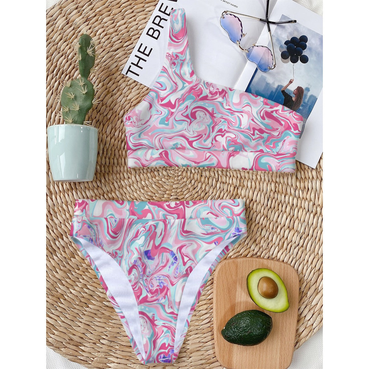 Gorgani pink marble Print Women's Bikini With Single Shoulder
