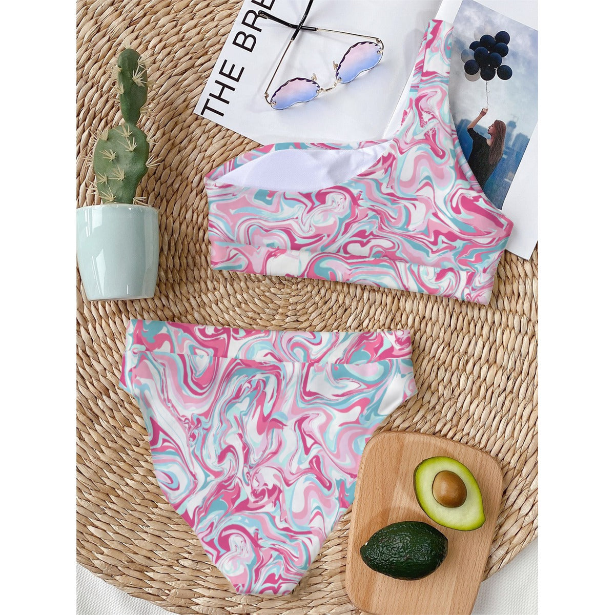 Gorgani pink marble Print Women's Bikini With Single Shoulder