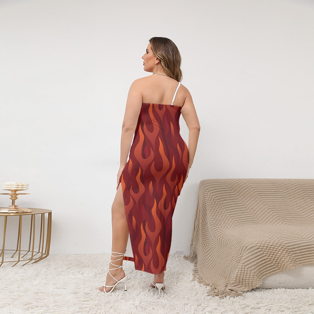 Gorgani flame Women's Oblique-Shoulder Exposure Dress With Side Split (Plus Size)