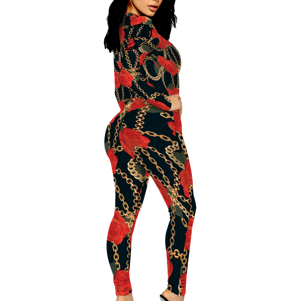 rose Women's Sexy Front Zip Bodysuit Long Sleeve Bodysuit