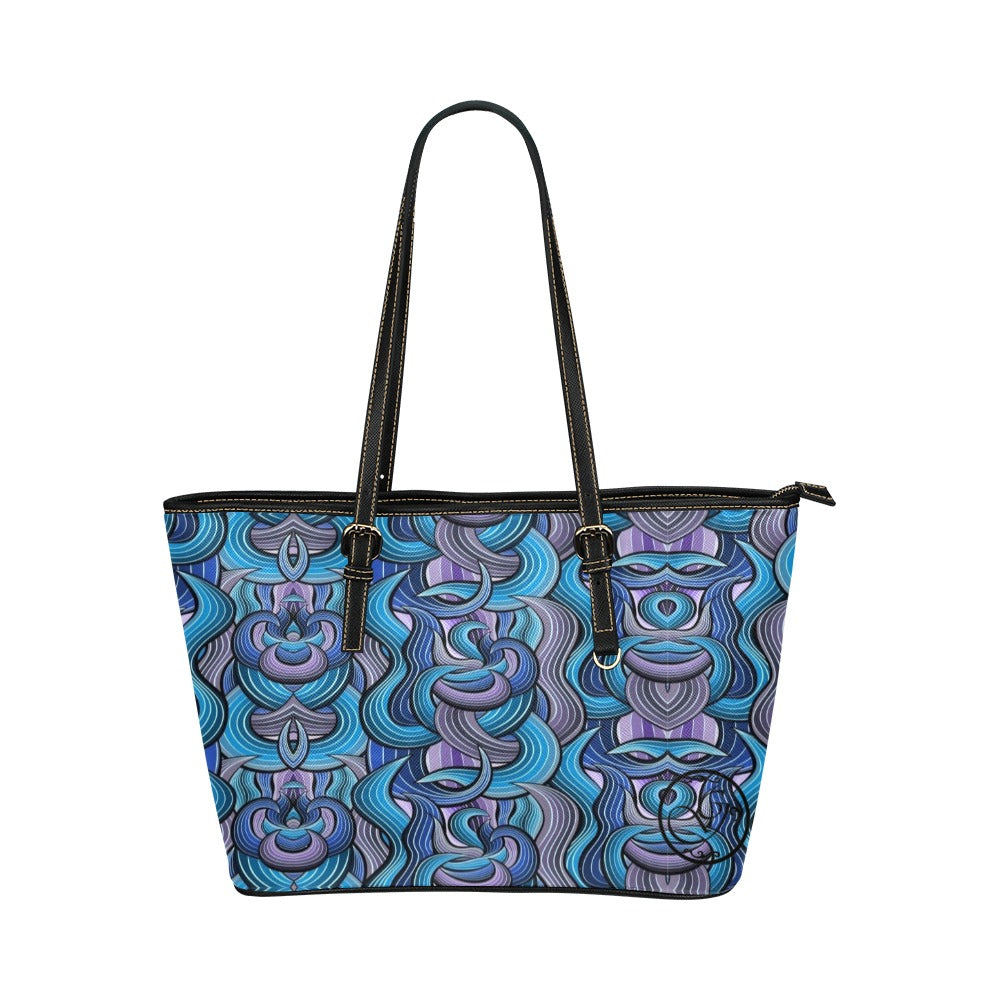gorgani blue abstract Leather Tote Bag (Model 1651) (Big)