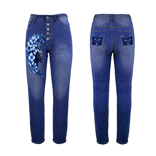 Gorgani wild blue orchids black girl Women's Jeans (Front&Back Printing)