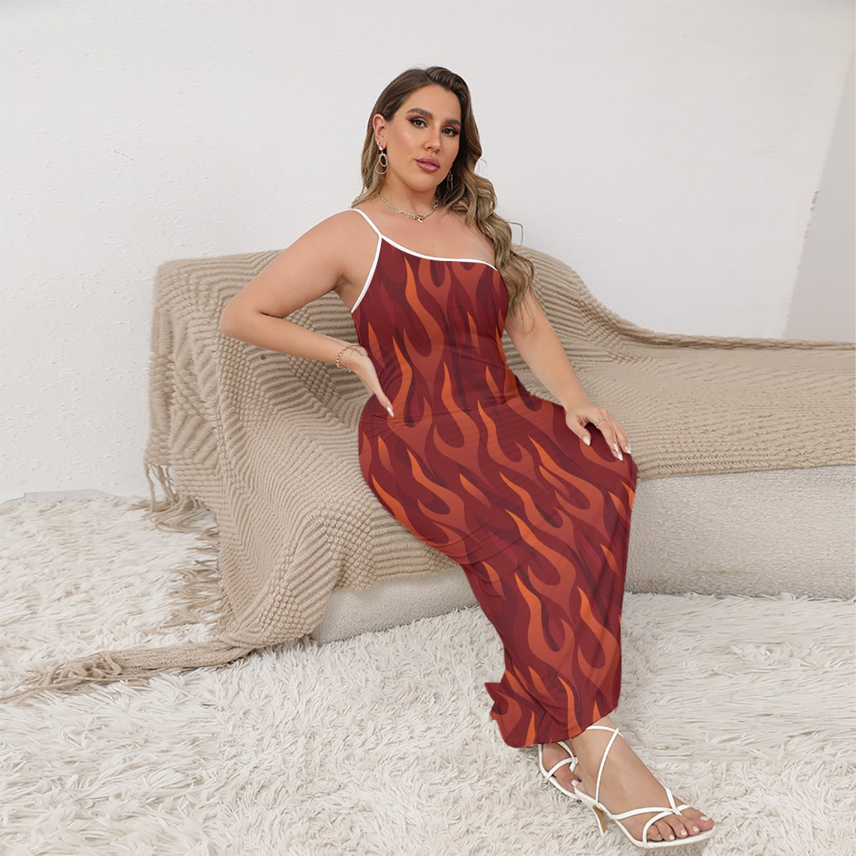 Gorgani flame Women's Oblique-Shoulder Exposure Dress With Side Split (Plus Size)