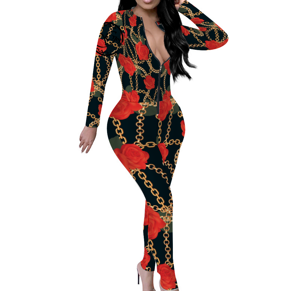 rose Women's Sexy Front Zip Bodysuit Long Sleeve Bodysuit