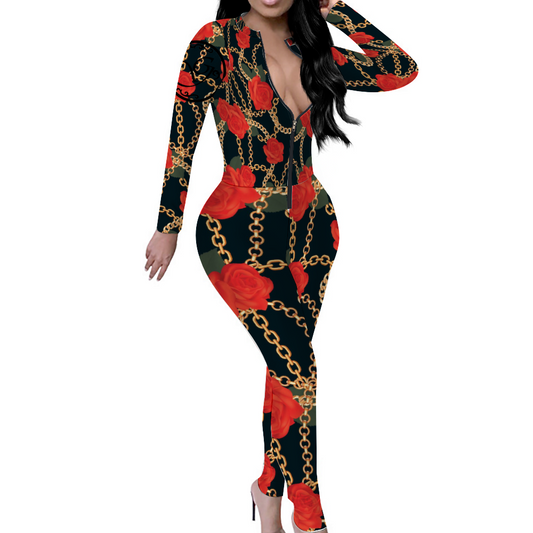 rose Women's Sexy Front Zip Bodysuit Long Sleeve Bodysuit