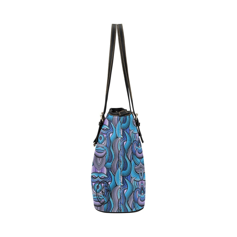gorgani blue abstract Leather Tote Bag (Model 1651) (Big)