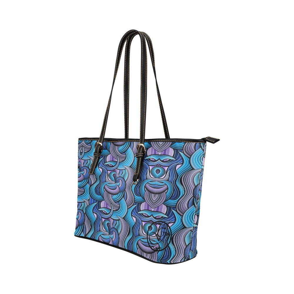 gorgani blue abstract Leather Tote Bag (Model 1651) (Big)