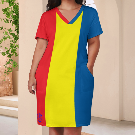 gorgani Women's V-neck Loose Dress Fashion Skirts with Pockets