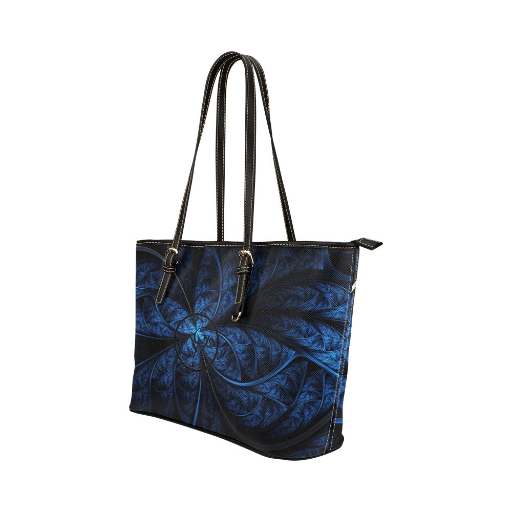 Gorgani blue and black swirl Leather Tote Bag (Model 1651) (Big)